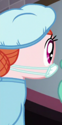 Size: 190x382 | Tagged: safe, screencap, pony, g4, where the apple lies, background pony, clothes, cropped, doctor pinkheart, female, hair net, mare, mask, scrubs (gear), solo, surgical mask