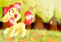 Size: 1625x1130 | Tagged: safe, artist:sunnyhoneybone, apple bloom, earth pony, pony, g4, adorabloom, apple bloom's bow, autumn, autumn leaves, blank flank, bow, cute, falling leaves, female, filly, hair bow, leaves, looking up, solo, tree