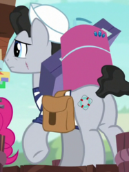 Size: 337x450 | Tagged: safe, screencap, floatie stitch, pinkie pie, earth pony, pony, g4, ppov, butt, cropped, male, plot, saddle bag, sailor, scar, stallion, stitches