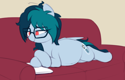 Size: 2006x1280 | Tagged: safe, artist:shinodage, oc, oc only, oc:delta vee, pegasus, pony, book, couch, crossed hooves, cute, delta vee's junkyard, female, glasses, implied oc:apogee, mare, pregnant, prone, reading, smiling, solo