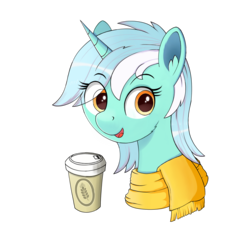 Size: 2048x2048 | Tagged: safe, artist:negasun, lyra heartstrings, pony, unicorn, g4, bust, clothes, cup, drink, female, high res, mare, portrait, scarf, simple background, smiling, soda can, solo, transparent background