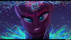 Size: 1600x900 | Tagged: safe, artist:cloud-drawings, tempest shadow, pony, g4, my little pony: the movie, armor, broken horn, electricity, eye scar, female, horn, looking at you, mare, scar, signature, solo