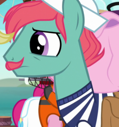 Size: 675x720 | Tagged: safe, screencap, pepper french, pinkie pie, earth pony, pony, g4, ppov, background pony, cropped, facial hair, male, moustache, saddle bag, sailor, stallion