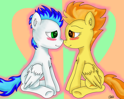 Size: 2500x2000 | Tagged: safe, artist:plukol, spitfire, oc, oc:hurrcio, pegasus, pony, g4, blushing, boop, canon x oc, cute, eye contact, female, heart, high res, looking at each other, love, male, noseboop, shipping, simple background, sitting, straight