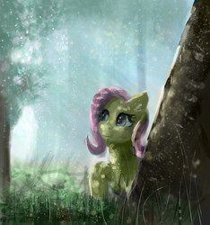 Size: 1009x1080 | Tagged: safe, artist:xbi, fluttershy, pegasus, pony, g4, crepuscular rays, dappled sunlight, female, forest, looking away, looking up, mare, raised hoof, scenery, solo, tree