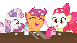 Size: 1800x1008 | Tagged: safe, artist:red4567, apple bloom, scootaloo, sweetie belle, g4, adorabloom, cute, cutealoo, cutie mark crusaders, derp, diasweetes, food, laughing, pie face, table, whipped cream