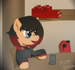 Size: 2012x1900 | Tagged: safe, artist:fisty-flatchestia, pony, book, chair, clothes, crescent rose, crossover, cup, digital art, ponified, ruby rose, rwby, table