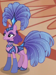 Size: 232x313 | Tagged: safe, screencap, sapphire sequins, earth pony, pony, g4, viva las pegasus, background pony, burlesque, clothes, costume, cropped, female, mare, show mares, showgirl, solo