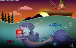 Size: 1900x1200 | Tagged: safe, artist:lennonblack, rarity, spike, fish, seapony (g4), unicorn, g4, blue mane, blue tail, bubble, digital art, dorsal fin, eyes closed, eyeshadow, female, fin, fire ruby, fish tail, fishing, fishing rod, flowing mane, flowing tail, gem, horn, hug, lake, makeup, male, mare, open mouth, rowboat, ruby, scales, seaponified, seapony rarity, ship:sparity, shipping, signature, species swap, straight, swimming, tail, tongue out, tree, underwater, water