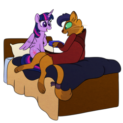 Size: 1260x1260 | Tagged: safe, artist:carouselunique, capper dapperpaws, twilight sparkle, abyssinian, alicorn, cat, pony, anthro, digitigrade anthro, g4, my little pony: the movie, anthro with ponies, bed, capperlight, interspecies, shipping, simple background, story included, transparent background, twilight sparkle (alicorn)