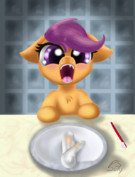 Size: 1300x1700 | Tagged: safe, artist:jonnysalami, scootaloo, pegasus, pony, vampire, g4, fangs, female, filly, mirror, open mouth, solo, toothbrush