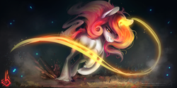 Size: 3464x1732 | Tagged: safe, artist:wilvarin-liadon, oc, oc only, classical unicorn, pony, unicorn, cloven hooves, eyes closed, horn, leonine tail, magic, running, solo, unshorn fetlocks