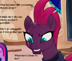 Size: 567x486 | Tagged: safe, edit, edited screencap, editor:korora, screencap, fizzlepop berrytwist, tempest shadow, twilight sparkle, g4, my little pony: the movie, broken horn, cropped, dialogue, fanfic in the description, horn, implied dinky, remorse, youtube source