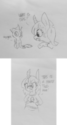 Size: 1449x2702 | Tagged: safe, artist:tjpones, queen chrysalis, changeling, changeling queen, g4, angry, bipedal, comic, cuteling, dialogue, dork, dorkalis, duo, glasses, grayscale, jean-luc picard, lineart, monochrome, nerd, pointing, sitting, spaceship, star trek, star trek: the next generation, star trek: voyager, toy, traditional art, voyager