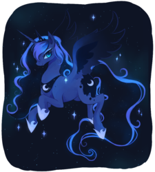 Size: 848x942 | Tagged: safe, artist:artghst, princess luna, alicorn, pony, g4, female, flying, looking at you, mare, smiling, solo, space, spread wings, wings