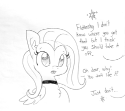 Size: 1614x1440 | Tagged: source needed, safe, artist:tjpones, fluttershy, pegasus, pony, g4, chest fluff, choker, chokershy, dialogue, ear fluff, female, grayscale, implied twilight sparkle, mare, monochrome, oblivious, offscreen character, painfully innocent fluttershy, simple background, solo focus, until the choker breaks, white background