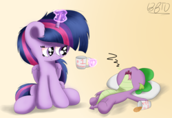 Size: 3865x2660 | Tagged: safe, artist:bronybehindthedoor, spike, twilight sparkle, alicorn, dragon, pony, g4, coffee, coffee mug, female, high res, male, mare, mug, pillow, sitting, sleeping, twilight sparkle (alicorn), zzz