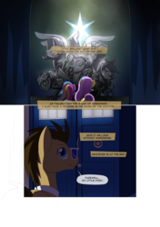 Size: 3541x5016 | Tagged: safe, artist:gashiboka, applejack, doctor whooves, fluttershy, pinkie pie, princess gold lily, princess sterling, rainbow dash, rarity, time turner, earth pony, pony, comic:recall the time of no return, g4, 3d glasses, comic, doctor who, memorial, statue, tardis, the doctor