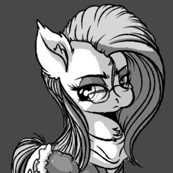 Size: 1024x1024 | Tagged: safe, artist:witchtaunter, pinkie pie, earth pony, pony, g4, clothes, female, glasses, mare, monochrome, pinkamena diane pie, scarf, sketch, solo, wip