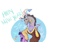 Size: 3000x2000 | Tagged: safe, artist:m00n-fruit, discord, twilight sparkle, alicorn, pony, g4, alcohol, annoyed, blushing, dripcord, drunk, happy new year, hat, high res, holiday, jewelry, necklace, party hat, party horn, twilight sparkle (alicorn)