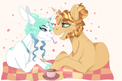 Size: 874x581 | Tagged: safe, artist:m00n-fruit, oc, oc only, oc:cuppa joe, oc:princess iridescence, changepony, hybrid, pandoraverse, blaze (coat marking), coat markings, coffee, coffee mug, colored hooves, duo, facial markings, female, heart, interspecies offspring, long tongue, magical lesbian spawn, male, mug, next generation, oc x oc, offspring, offspring shipping, pandoraverse month of love, parent:cinnamon chai, parent:donut joe, parent:princess celestia, parent:queen chrysalis, parents:chryslestia, parents:cinnamon donut, shipping, straight, tongue out