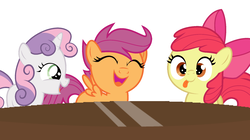 Size: 1800x1008 | Tagged: safe, alternate version, artist:red4567, apple bloom, scootaloo, sweetie belle, earth pony, pony, g4, adorabloom, cute, cutealoo, cutie mark crusaders, derp, diasweetes, face freeze, female, laughing, silly, silly pony, table