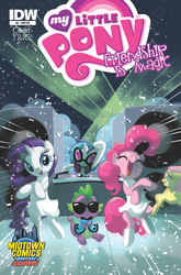Size: 659x1000 | Tagged: artist needed, safe, idw, official comic, dj pon-3, fluttershy, pinkie pie, rarity, spike, vinyl scratch, dragon, earth pony, pony, unicorn, g4, spoiler:comic, bipedal, clothes, cover, dancing, dress, female, gangnam style, male, mare, sunglasses