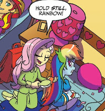 Size: 208x221 | Tagged: safe, artist:tony fleecs, idw, fluttershy, rainbow dash, sunset shimmer, equestria girls, g4, balloon, brush, clothes, comic, lamp, pajamas, room, shipping fuel, sleepover