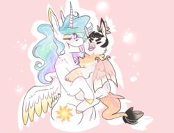 Size: 753x575 | Tagged: safe, artist:m00n-fruit, princess celestia, oc, oc:apollo eris casseopia, alicorn, hybrid, pony, g4, colored wings, colored wingtips, cuddling, curved horn, cute, cutelestia, female, holding, horn, interspecies offspring, licking, male, momlestia, mother and son, ocbetes, offspring, parent:discord, parent:princess celestia, parents:dislestia, sillestia, silly, tongue out
