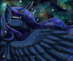 Size: 2400x2000 | Tagged: safe, artist:minelvi, artist:scarletsfeed, princess luna, alicorn, pony, g4, collaboration, female, high res, horn, horn jewelry, jewelry, mare, solo, spread wings, wings