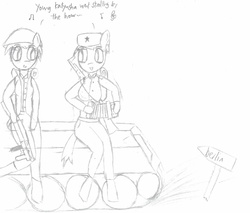 Size: 1629x1389 | Tagged: safe, artist:sovietpone, anthro, black and white, duo, female, grayscale, monochrome, traditional art, world war ii