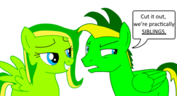 Size: 1024x558 | Tagged: safe, artist:didgereethebrony, oc, oc only, oc:boomerang beauty, oc:didgeree, pegasus, pony, boomeree, dialogue, needs more saturation, siblings, simple background, speech bubble, transparent background