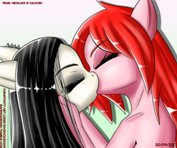 Size: 1280x1068 | Tagged: safe, artist:ravenousdash, oc, oc only, oc:death metal, oc:pearl necklace, earth pony, anthro, black hair, blushing, ear piercing, eyes closed, eyeshadow, female, i love you, kissing, lesbian, love, makeup, nail polish, piercing, ranchtown, red hair, romance, romantic, shipping, simple background