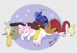 Size: 795x547 | Tagged: safe, artist:m00n-fruit, discord, princess celestia, princess luna, g4, blank flank, colored wings, colored wingtips, curved horn, female, filly, filly luna, horn, leonine tail, lidded eyes, male, one eye closed, pink-mane celestia, pony pile, ship:dislestia, shipping, sleeping, straight, woona, younger, zzz