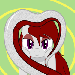 Size: 800x800 | Tagged: source needed, safe, artist:mightyshockwave, oc, oc only, oc:ruby scales, lamia, original species, snake, snake pony, cute, eyeshadow, heart eyes, makeup, snek, solo, wingding eyes