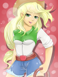 Size: 4500x6000 | Tagged: safe, artist:mlpdarksparx, applejack, equestria girls, g4, basket, clothes, cowboy hat, female, freckles, hat, lidded eyes, open mouth, shorts, smiling, solo, stetson