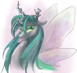 Size: 3445x3296 | Tagged: safe, artist:firimil, queen chrysalis, changeling, changeling queen, g4, bust, crown, female, high res, jewelry, regalia, simple background, solo