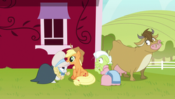 Size: 1280x720 | Tagged: safe, screencap, applejack, bessie, granny smith, rarity, cow, pony, g4, it isn't the mane thing about you, clothes, cloven hooves, costume, disguise, female, milk maid, outfit catalog, udder