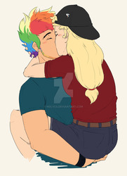 Size: 1024x1418 | Tagged: safe, artist:nolycs, applejack, rainbow dash, human, g4, cap, clothes, ear piercing, eyes closed, female, half r63 shipping, hat, humanized, jeans, kissing, male, multicolored hair, pants, piercing, rainbow blitz, rule 63, ship:appleblitz, shipping, shirt, shorts, straight, watermark