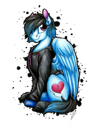 Size: 1796x2485 | Tagged: safe, artist:lupiarts, oc, oc only, pegasus, pony, clothes, hoodie, signature, simple background, sitting, solo, traditional art, white background