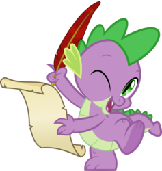 Size: 4940x5201 | Tagged: safe, artist:jhayarr23, spike, dragon, g4, absurd resolution, baby, baby dragon, cute, feather, male, one eye closed, one eye open, quill, quill pen, scroll, simple background, solo, spikabetes, transparent background, vector, wink