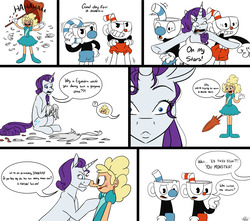 Size: 2825x2500 | Tagged: safe, artist:ggchristian, rarity, pony, g4, clothes, comic, crossover, cuphead, cuphead (character), dress, fashion disaster, high res, mugman, sally stageplay, umbrella