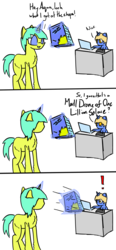 Size: 1431x3090 | Tagged: safe, artist:aquaholicsanonymous, derpibooru exclusive, oc, oc only, oc:aquaholic, oc:minty flair, pony, unicorn, box, computer, desk, dialogue, drawing, drone, female, glowing horn, horn, joke, laptop computer, magic, male, mare, simple background, stallion, tablet, telekinesis, terrible joke, throwing, transparent background