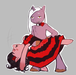 Size: 2731x2695 | Tagged: safe, artist:suelix, oc, oc only, oc:mary berry, backbend, choker, clothes, dancing, dress, flamenco, flexible, gray background, high res, open mouth, rose in mouth, simple background