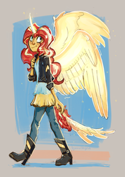 Size: 2480x3508 | Tagged: safe, artist:cuttledreams, sunset shimmer, alicorn, equestria girls, g4, alicornified, clothes, female, high res, jacket, pants, shimmercorn, shirt, solo, wings