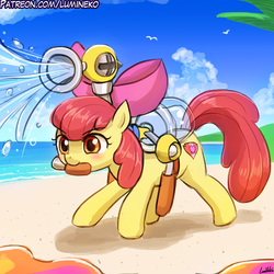 Size: 750x750 | Tagged: safe, artist:lumineko, apple bloom, earth pony, pony, g4, adorabloom, agdq, awesome games done quick, beach, crossover, cute, cutie mark, f.l.u.d.d., female, filly, goop, mouth hold, ocean, sky, solo, super mario bros., super mario sunshine, the cmc's cutie marks, watergun