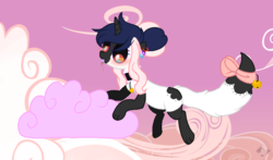 Size: 853x500 | Tagged: safe, artist:themisslittledevil, oc, oc only, oc:eva, pony, unicorn, augmented tail, cloud, cotton candy, cotton candy cloud, food, paws, solo