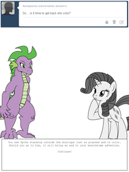 Size: 600x800 | Tagged: safe, artist:dekomaru, rarity, spike, pony, tumblr:ask twixie, g4, ask, diamondstuck, partial color, tumblr