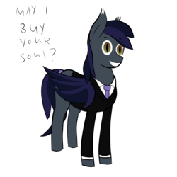 Size: 1000x1000 | Tagged: safe, artist:totallynotabronyfim, derpibooru exclusive, bat pony, caption, clothes, dialogue, fangs, female, necktie, smiling, solo, suit, tail band, wide eyes
