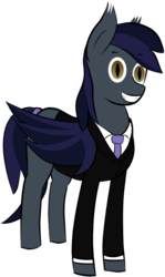 Size: 537x904 | Tagged: safe, artist:totallynotabronyfim, oc, oc only, oc:cracked mirror, bat pony, pony, clothes, fangs, female, necktie, simple background, smiling, solo, suit, tail band, transparent background, wide eyes